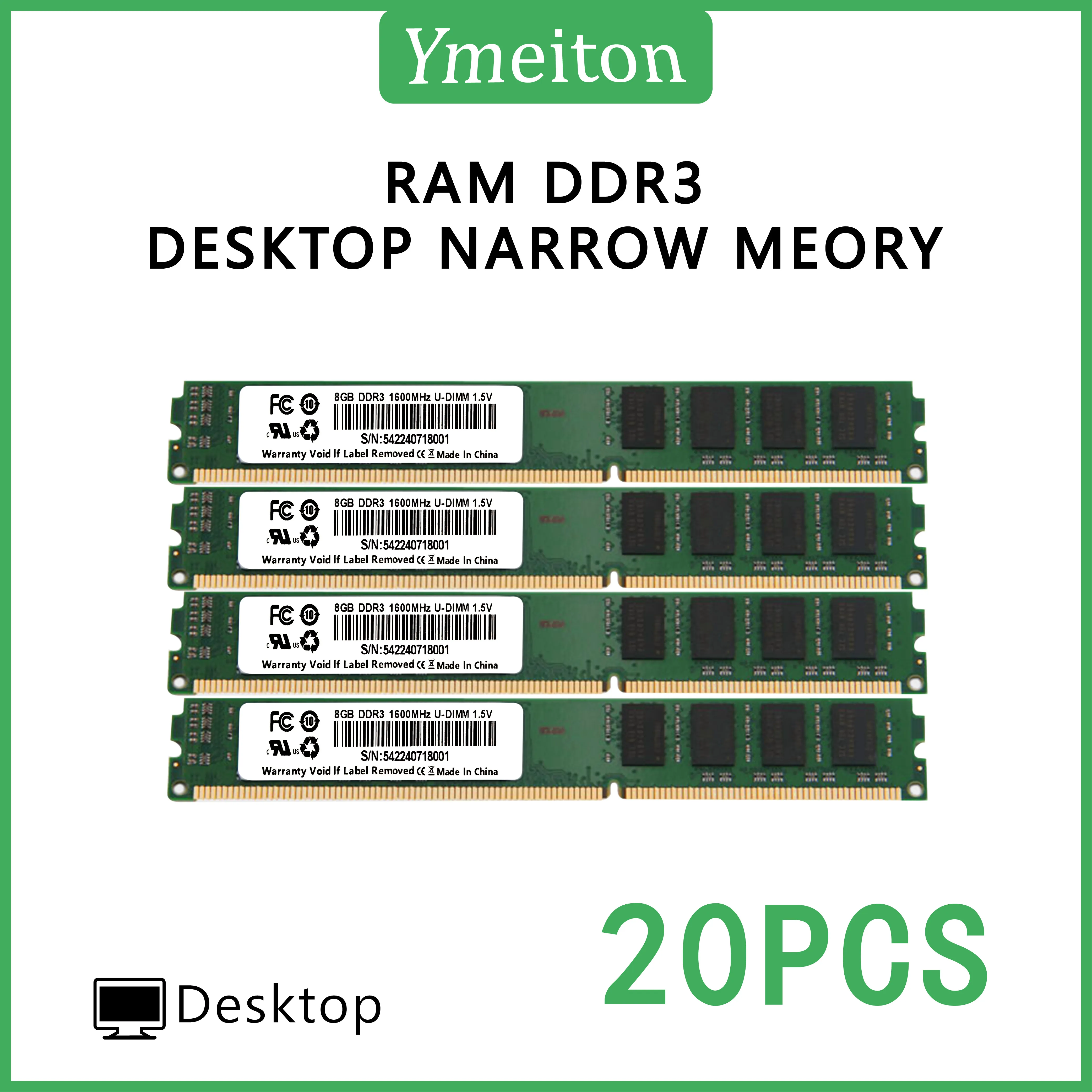 YMEITON DDR3 20PCS desktop MemoriaM memory card DDR3 1333MHz 1600MHz 8GB U-Dimm 240pin desktop narrow bar narrow RAM wholesale