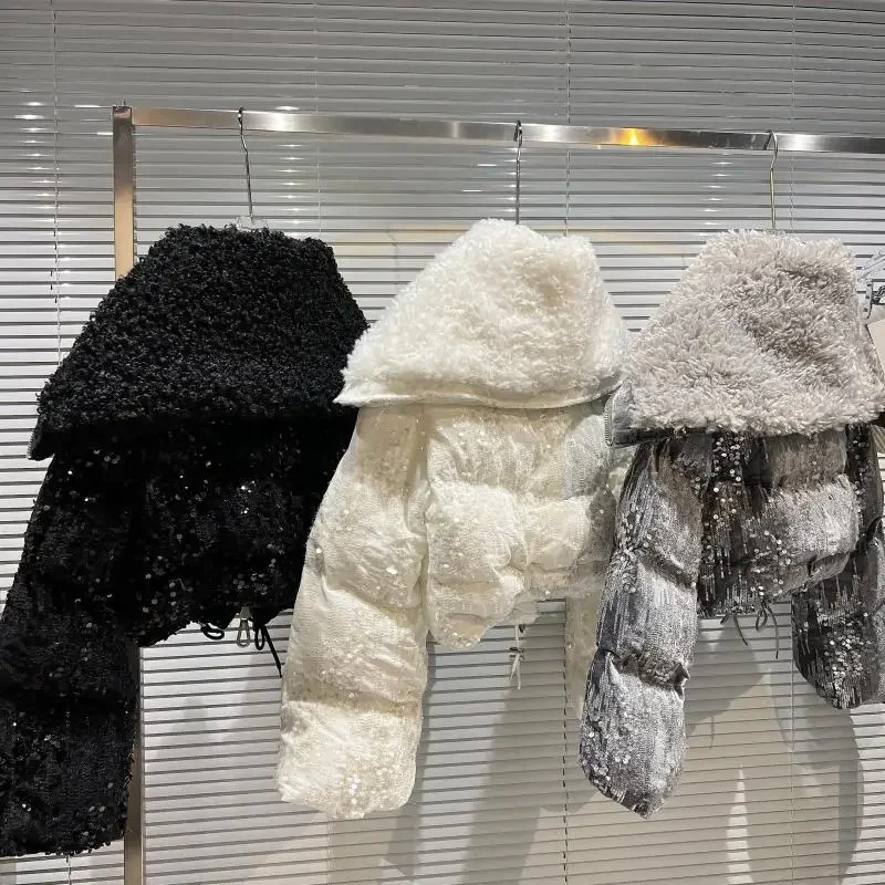 Autumn Winter Women Cotton-padded Coat Fleece Navy Collar Shiny Sequins Velvet Short Parkas Casual Loose Female Wadded Jackets