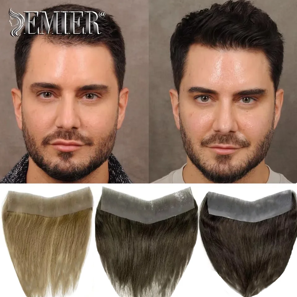 Men Frontal Toupee V Loop Human Hair Forehead Hairline Patch 0.06mm Thin Skin Pu Hairline Brown Color Men's Capillary Prothesis