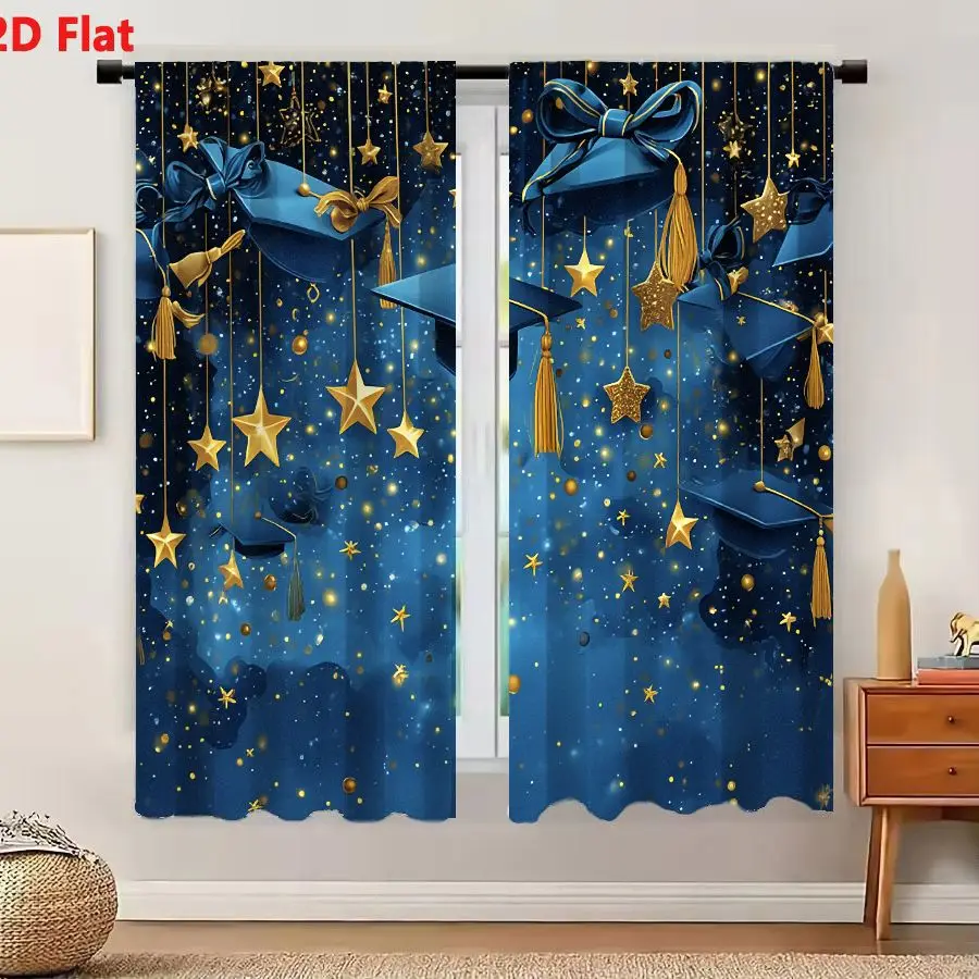 2Pcs Curtains Add 2D Flat Graduation Caps With Golden Tassels And Blue Ribbons Floating On Starry Night Background Window Drapes