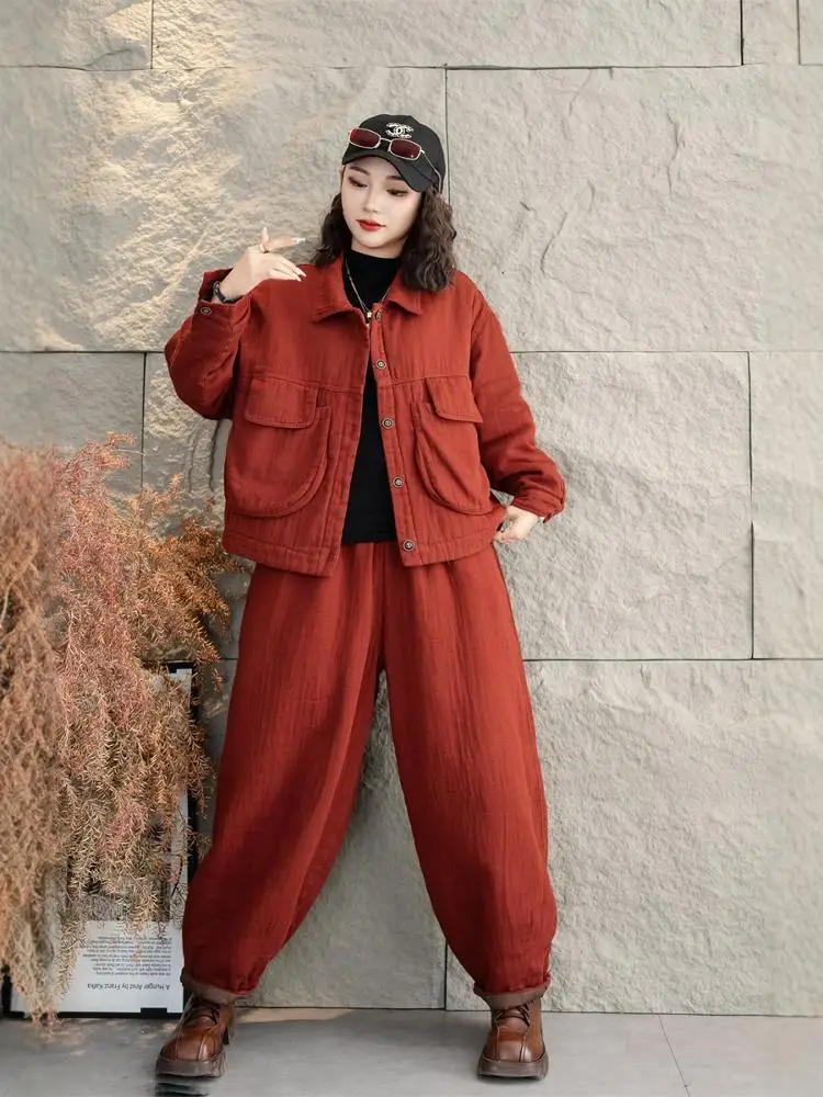 Winter Solid Color Cotton Linen Large Pocket Cotton Jacket + Elastic Waist Wide Legs Cotton Pant Two Piece Set Women ZF341