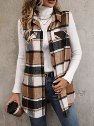 Women's Casual Jacket Women's Plaid Print Button Up Lapel Collar Tunic Vest Coat Leisure and Fashionable Plaid Vest Jacket Top