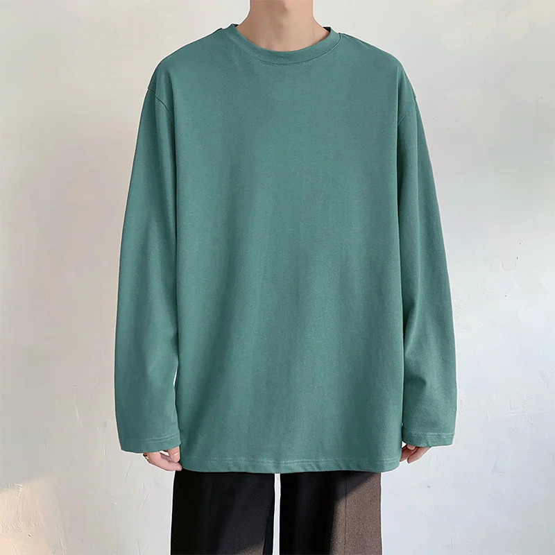 Spring Autumn Crew Neck Pullover Long Sleeve T-Shirt Men's Simple Style Solid Color Loose Tops Male Casual Teenagers Trend Tees