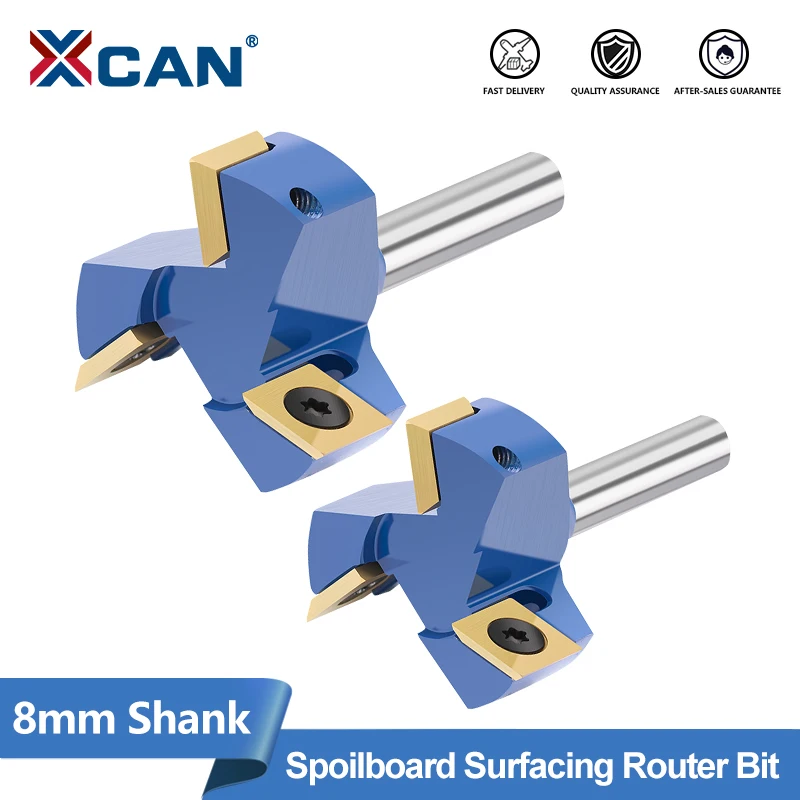 XCAN Milling Cutter for Wood 3 Flute Wood Planer Bit Face Mill Insert Carbide Slab Spoilboard CNC Surfacing Router Bit 8mm Shank