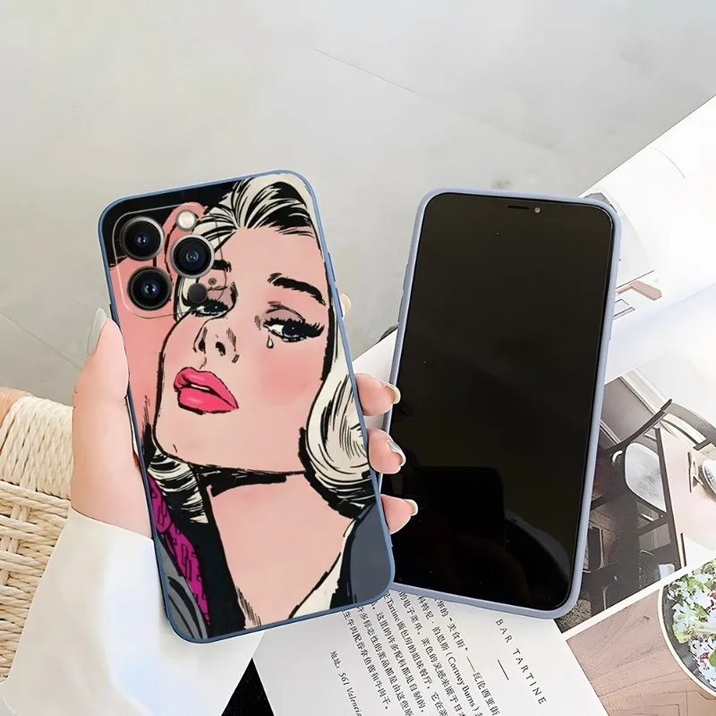 Black Hair Crying Comic Girl Phone Case Candy Color For IPhone 15 14 12 13 11 Pro Max Mini X XR XS Max 7 8 Plus Soft