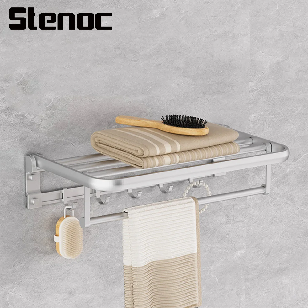 

Stenoc No Punching Silver Grey Folding Aluminum Towel Rack Wall-Mounted Towel Rack With Multi Movable Hook Bathroom Accessories