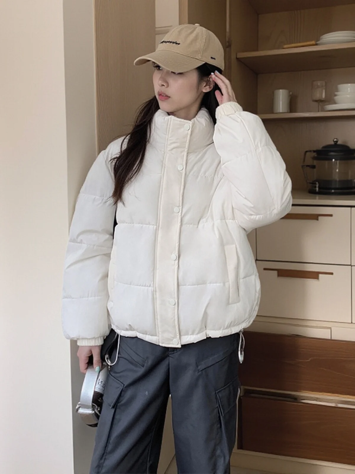Sli ort Thiened Cotton Jaet Damen Winter Warm Faionable Koreanische Version Loose Fit Pure Color Button-Down-Mantel
