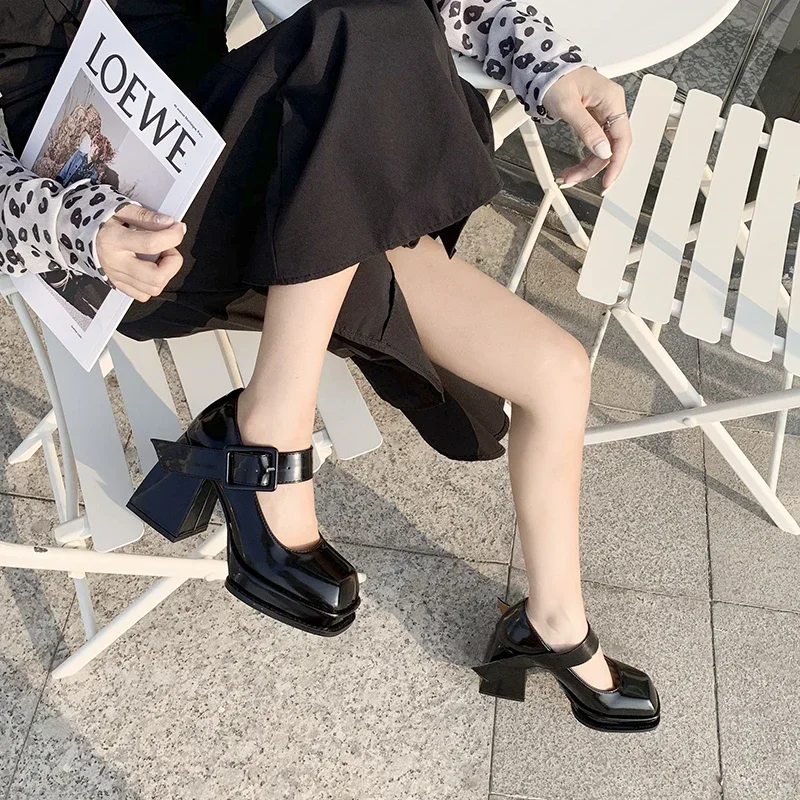 2024 New Gothic High-heeled Shoes Women Pumps Korean Version of The Wild Thick with Square Head Retro  Women\'s Shoes