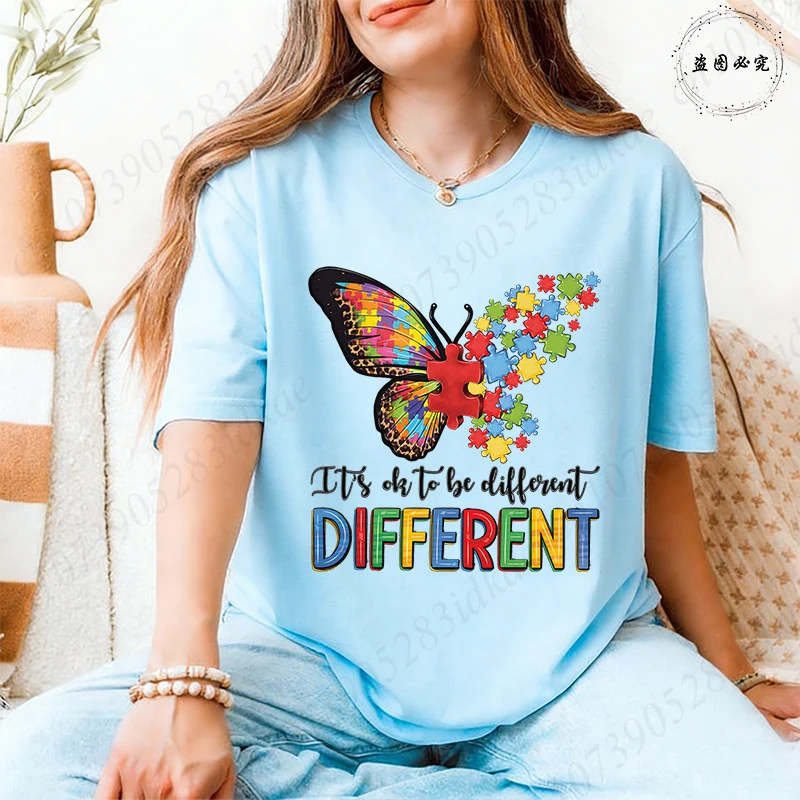 Its Okay To Be Different Autism Shirt for Women Butterfly Puzzle Graphic Y2k Tops Autism Acceptance T-shirt Short Sleeve Tees