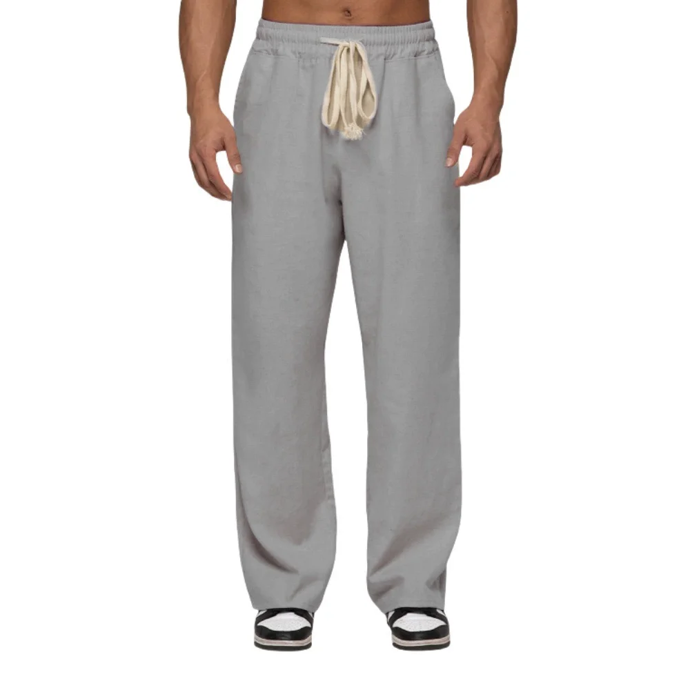 

Summer men's style cotton and linen straight, breathable and loose casual pants, solid color elastic waist drawstring sweatpants