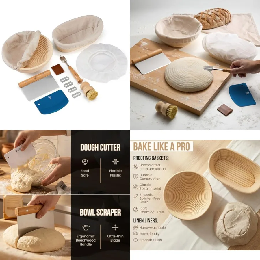 

Banneton Bread Proofing Set, Artisan Sourdough Bread Making Kit with Rattan, Liners, Dough Scrapers, Scoring Lame + Blades, Bru