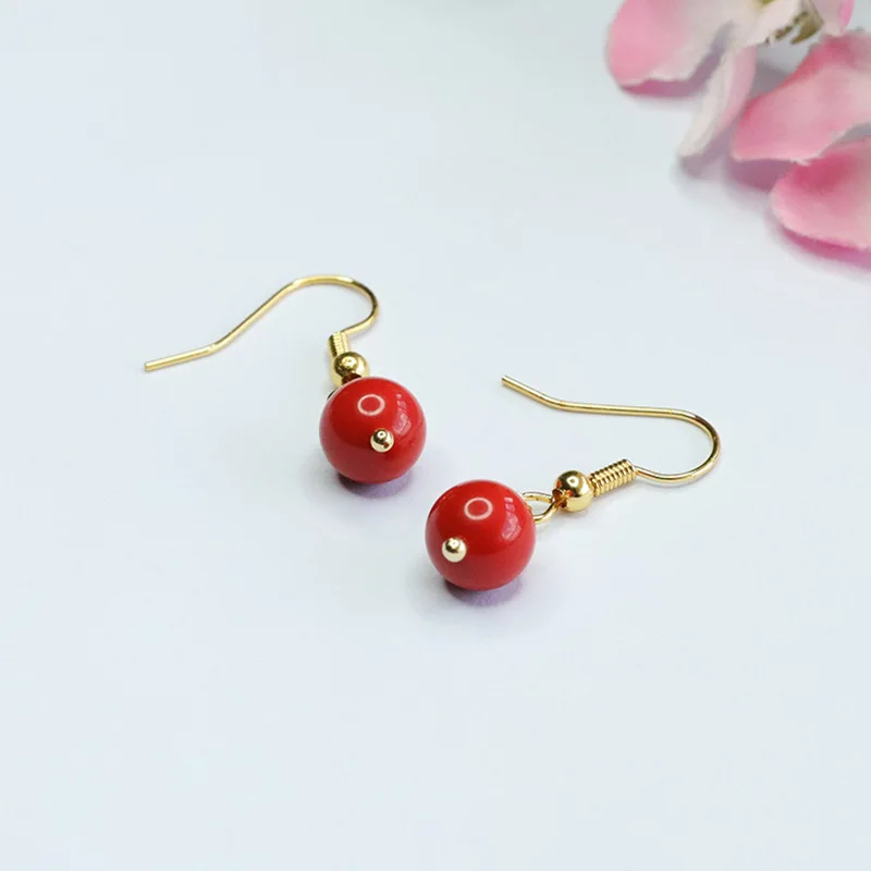

Cinnabar ear hook red sand round bead earrings, earrings, women's retro