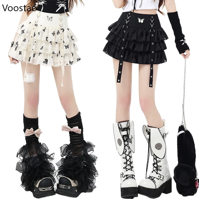 Gothic Y2k Lolita Cake Skirts Women Fashion Casual Butterfly Print A-Line Mesh Mini Skirt Female Vintage Punk Fluffy Short Skirt