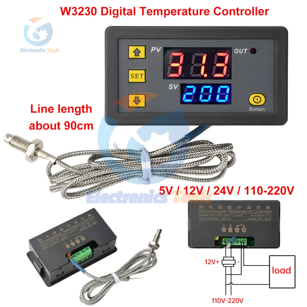 

W3230 Mini Digital Temperature Controller DC 5V 12V 24V 220V K Type Thermostat Regulator Heating Cooling Control Switch