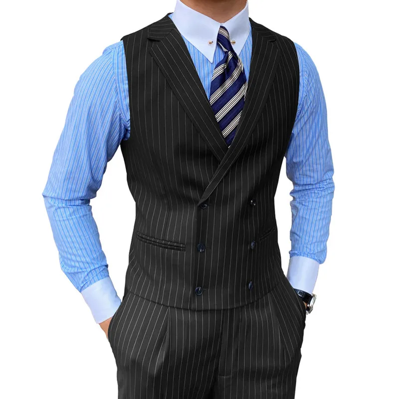 

2 Pieces Men's Suits Business Formal Slim Fit Vertical Stripe Style Double Breasted Suits For Wedding Groomsemen（Vest+Pants)