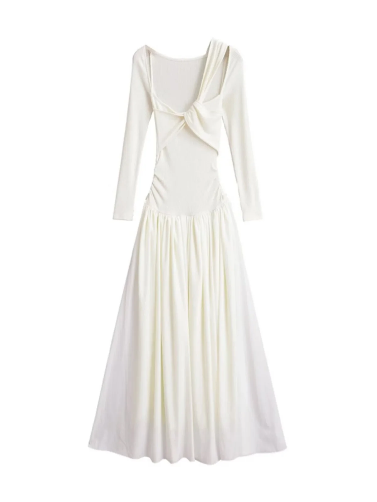 デザインセンセーション アシンメトリーショルダーニットロングスリーブドレス 速乾 スプライス レディースドレス セクシーな雰囲気 ロングドレス