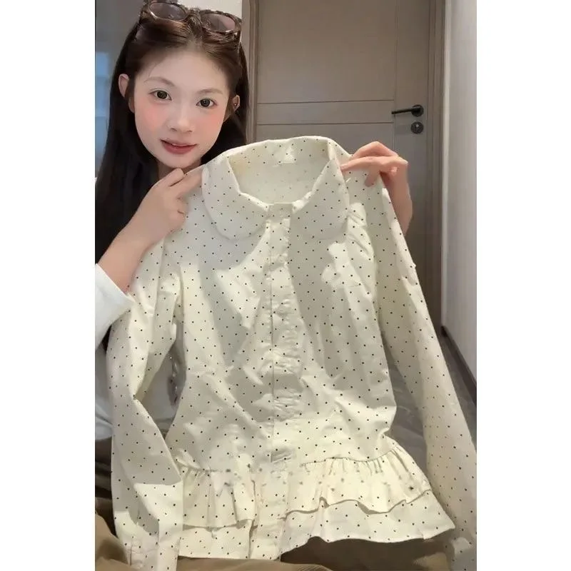 Sweet Gentle Large Size Long Sleeve Blouse Baby Doll Collar Gathered Hem Early Autumn New Style Breathable Comfortable Polyes...
