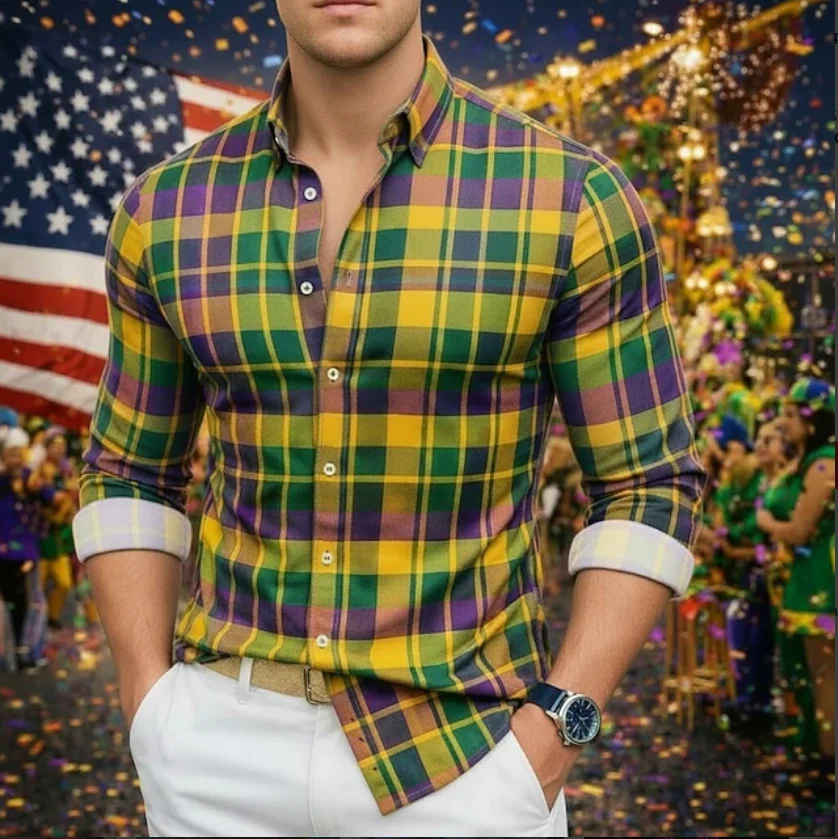 Trendy new 3D printed checkered pattern printed men's long sleeved shirt, suitable for daily wear