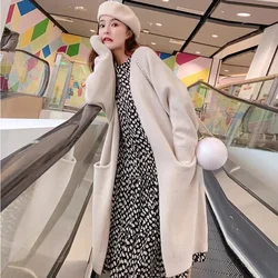 Female Korean medium long Sweater Jacket Women Over The Knee Cardigan 2024 Autumn Winter Celebrity Lazy Style, Wearing A Sweater