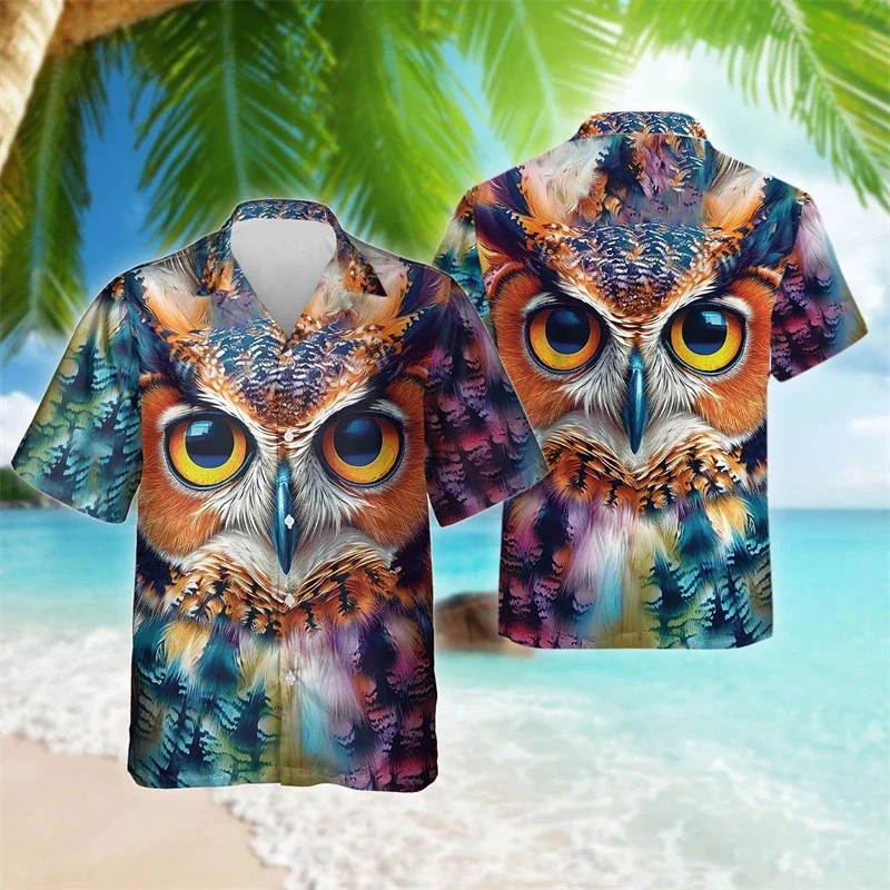 Mysterious Owl Pattern Hawaiian Shirt For Men Wild Animal 3D Printed Aloha Shirts Summer Lapel Tops Kids Blouses Short Sleeves