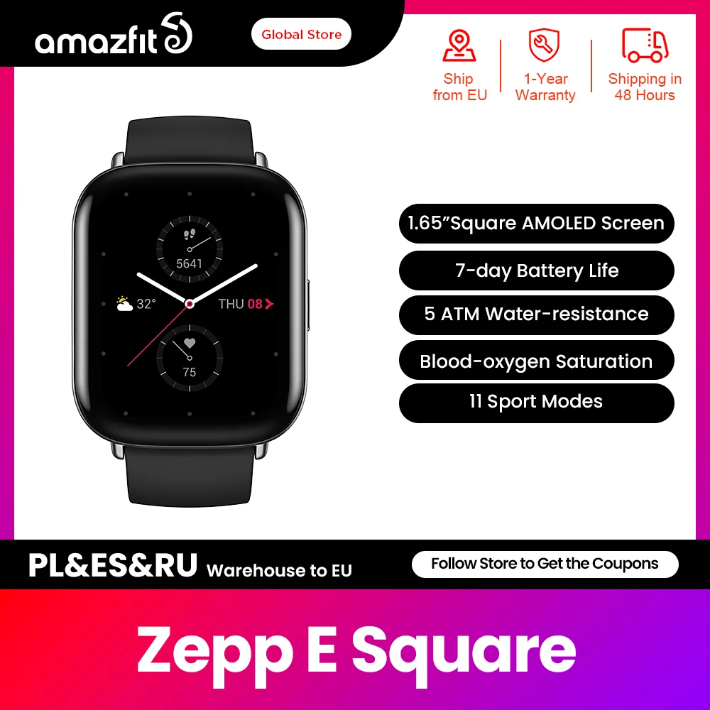 [Refurbished] Zepp E Square Smartwatch 5ATM Water Resistant Smart Notification Always on Display Heart Rate Tracking