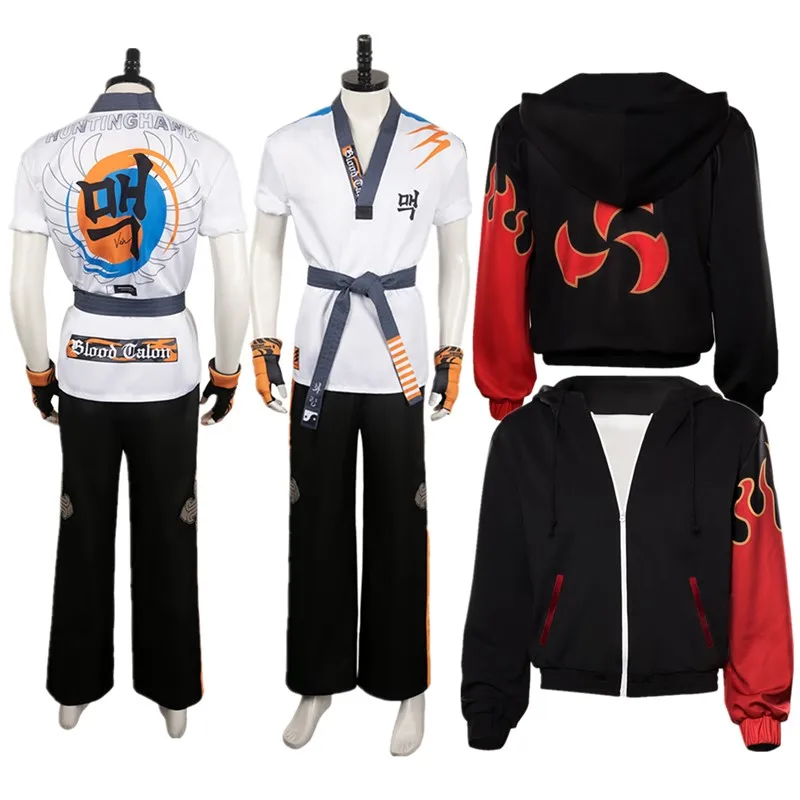 Kazama Jin Cosplay Tekken Fantasia HWOARANG Costume Adult Men Hoodie Coat Pants Belt Outfits Halloween Carnival Suit