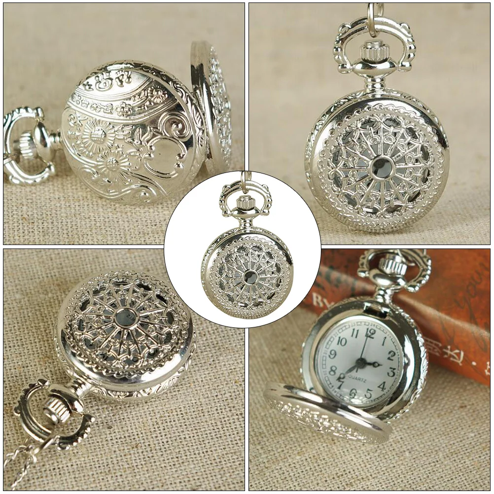 1 قطعة ساعة الجيب الفضية الرجعية الجوف الكوارتز سلسلة الديكور خمر نمط عرض الوقت ساعة الجيب هدية للأصدقاء الأسرة