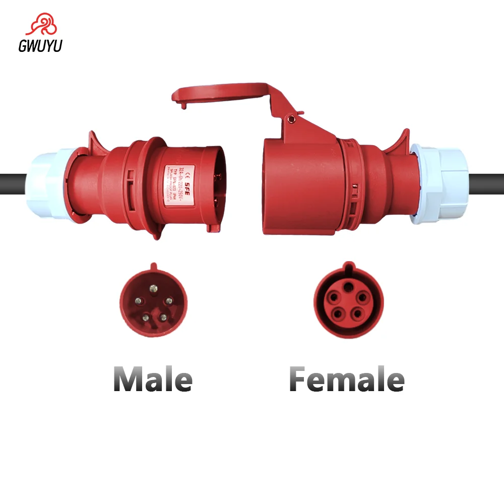 GWUYU EV Charger Schuko Adapter Connector Cable 5 Pins Socket CEE Red Female Power Plug 380V 16A for 11KW Type2 Portable Charger