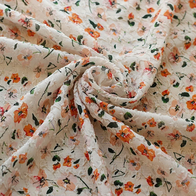 Spring Summer Chiffon Floral Printed Fabric Breathable Embossed Bubble Wrinkle Cloth For Dress Shirt Diy Sewing 50cmx135cm