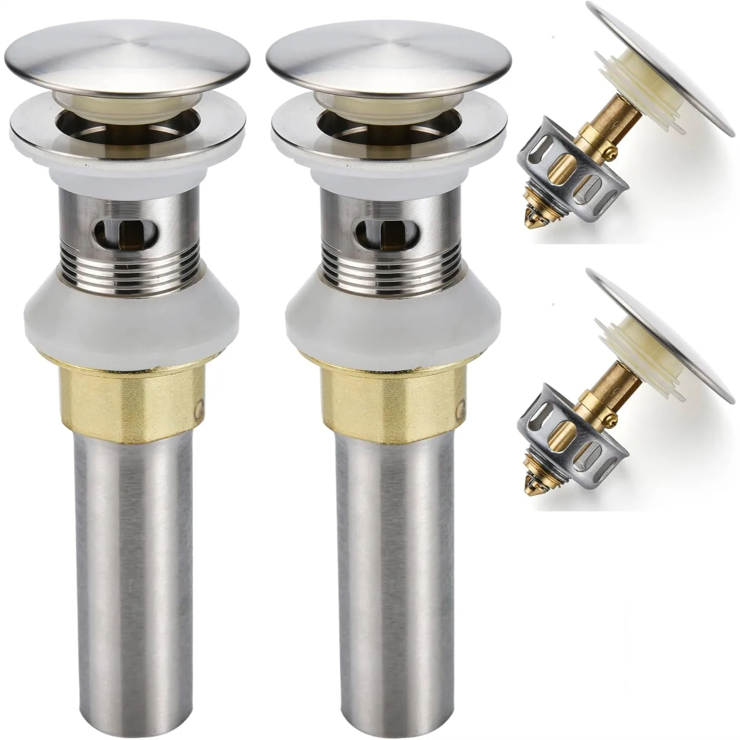 

Bathroom Sink Drain with Overflow, 2 Pack Pop Up Drain Stopper with Detachable Strainer Basket, Brushed Nickel Stainless Steel