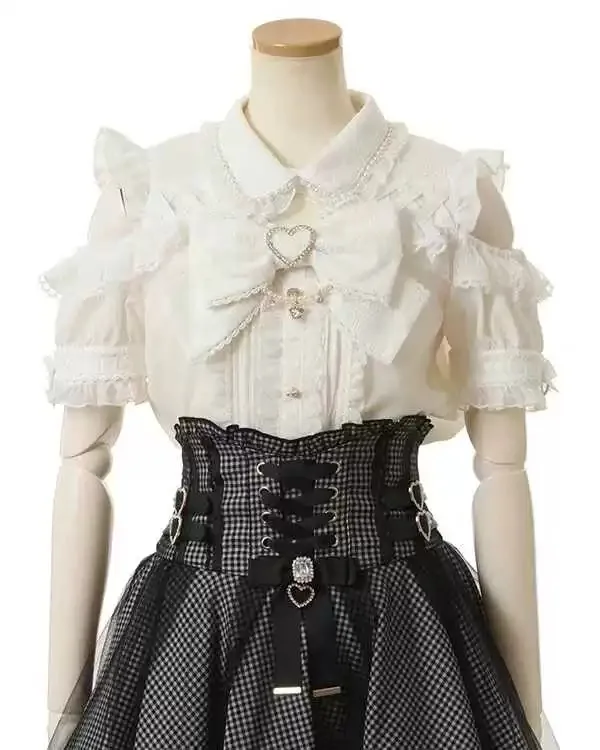 Japanese Mines Style Lolita Blouse Pearl Doll Collar Off-Shoulder Puff Sleeve Big Bow Single-Breasted Cute Sweet Shirt Top Women