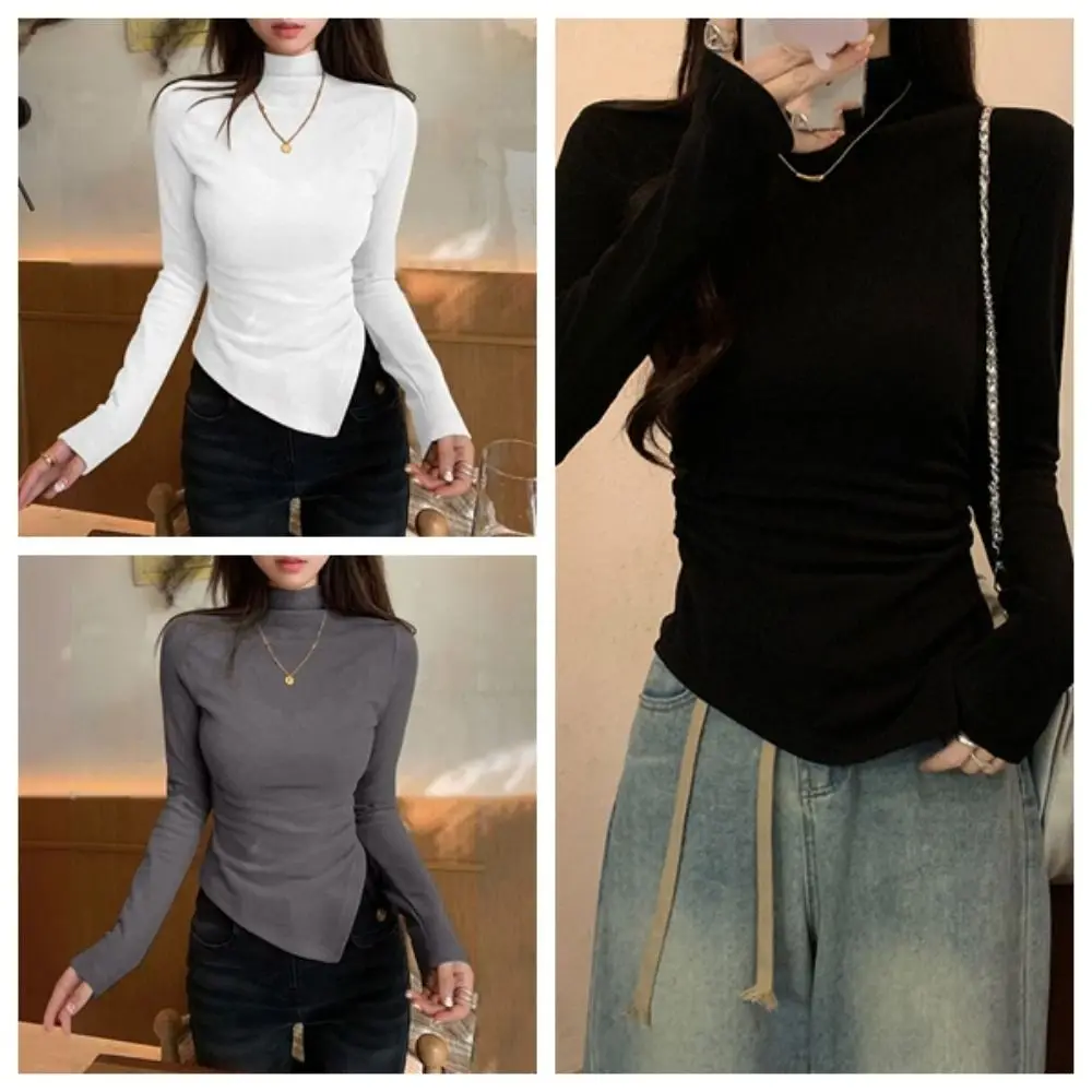 เสื้อยืดแขนยาวทรงไม่สมมาตร คอสูงครึ่งตัว เรียบง่าย ทรงเข้ารูป บางเบา สไตล์เก๋ เสื้อครอปท็อปสำหรับผู้หญิง แฟชั่น Y2k ฤดูใบไม้ผลิ