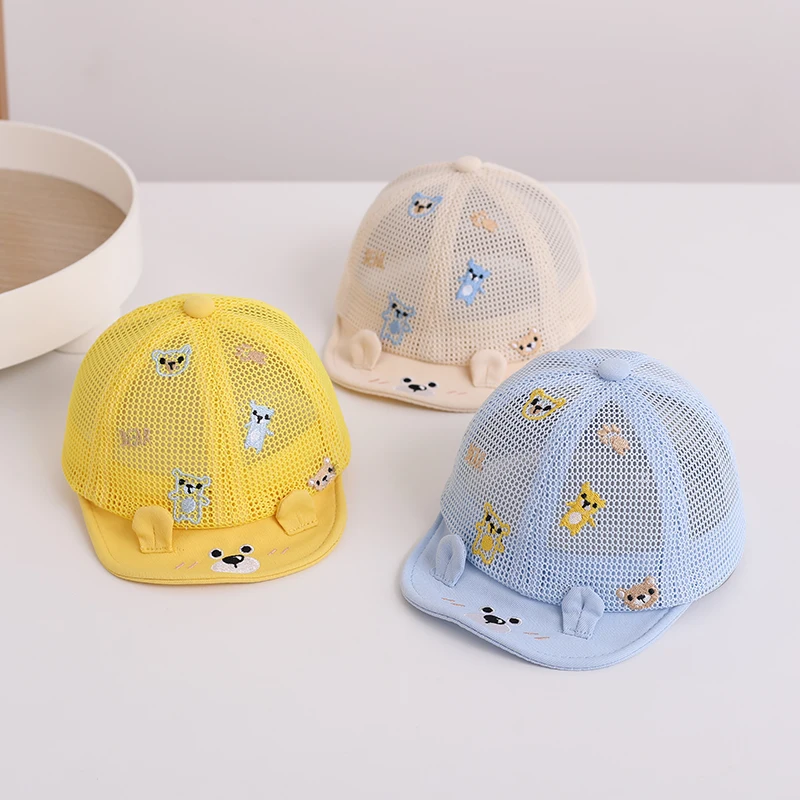 Summer Mesh Baby Baseball Cap Cartoon Bear Embroidery Kids Sun Hat Solid Color Adjustable Breathable Boy Girl Peaked Caps