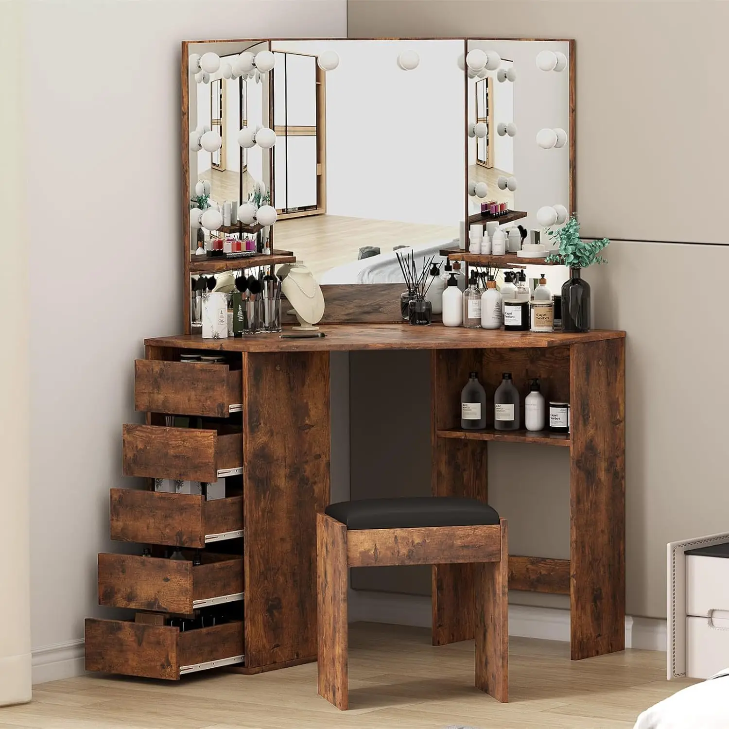 Retro style lamp dresser household bedroom high value corner storage integrated dressing table