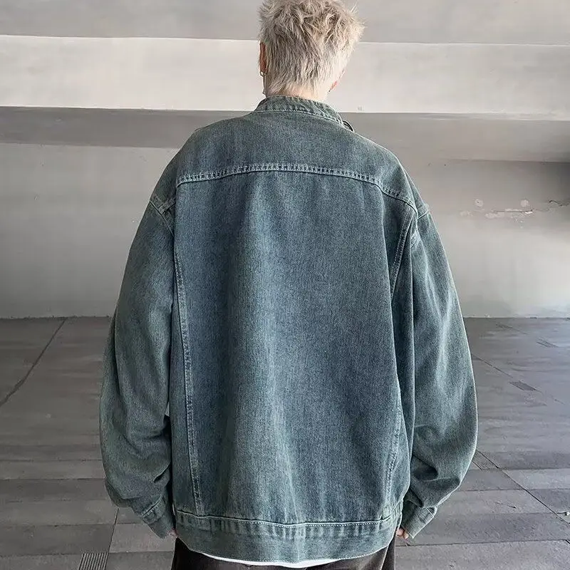 Fall Denim Men Long Sleeves Stand T Shirts Teenager Korean Fashion Casual High Street Punk Loose Clothes Campus Home Daily Date