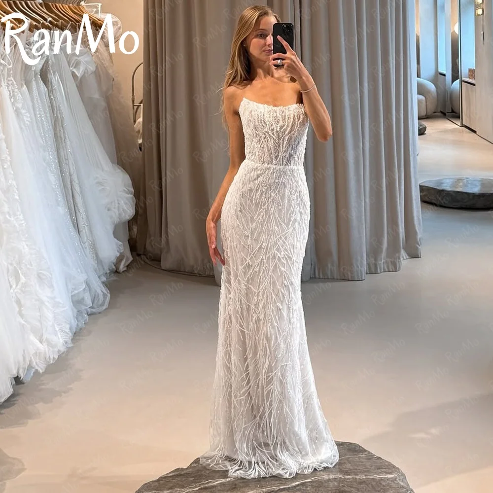 Ranmo 2025 Luxury New Beads Lace Mermaid Wedding Dresses New Strapless White Bridal Gowns Zip Prom Cocktail Dresses Customized