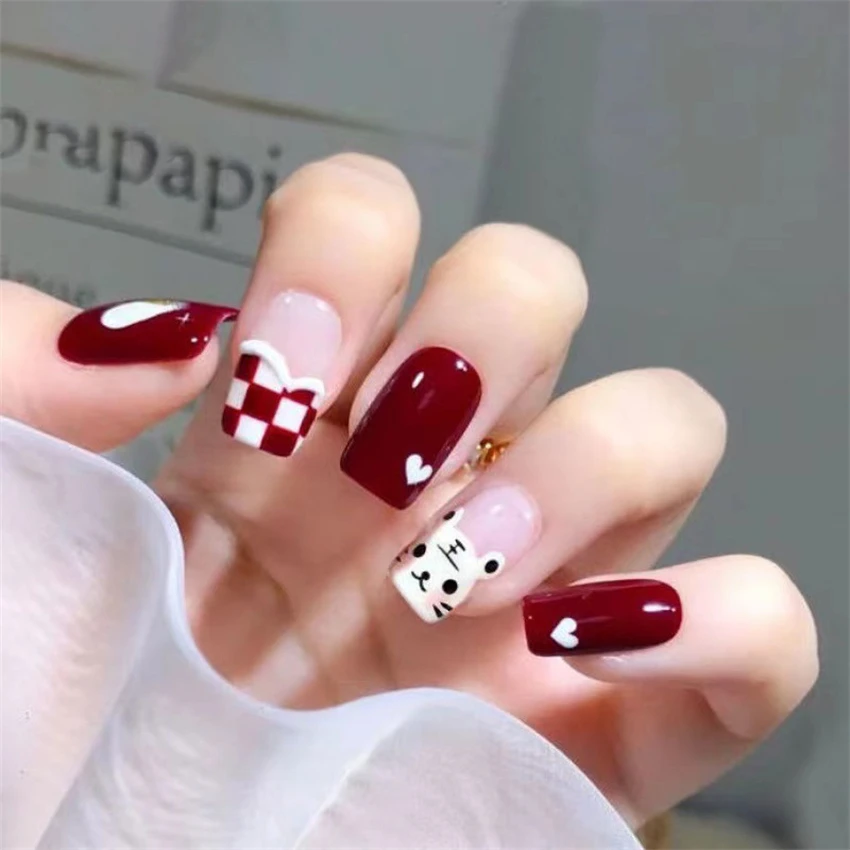 24Ps/Set Cute Cartoon Tiger Paste Press on Nails French Acrylic Removable Wearing False Nails Full Cover Handmade Fake Nail Tips