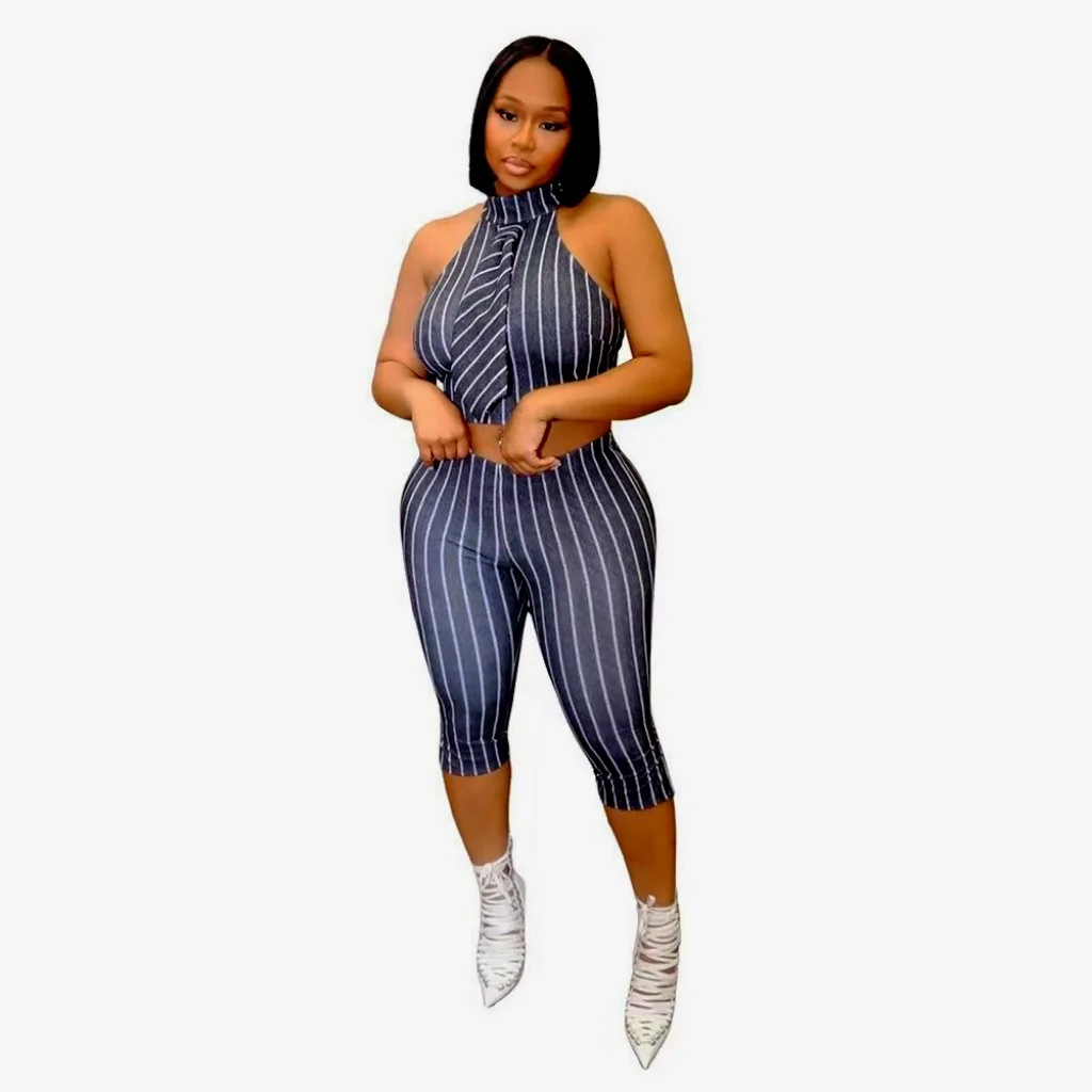 M6063 2025 estate europea e americana gilet senza maniche a righe bianche e nere con risvolto top tower pantaloni casual a 7 punti in due pezzi s
