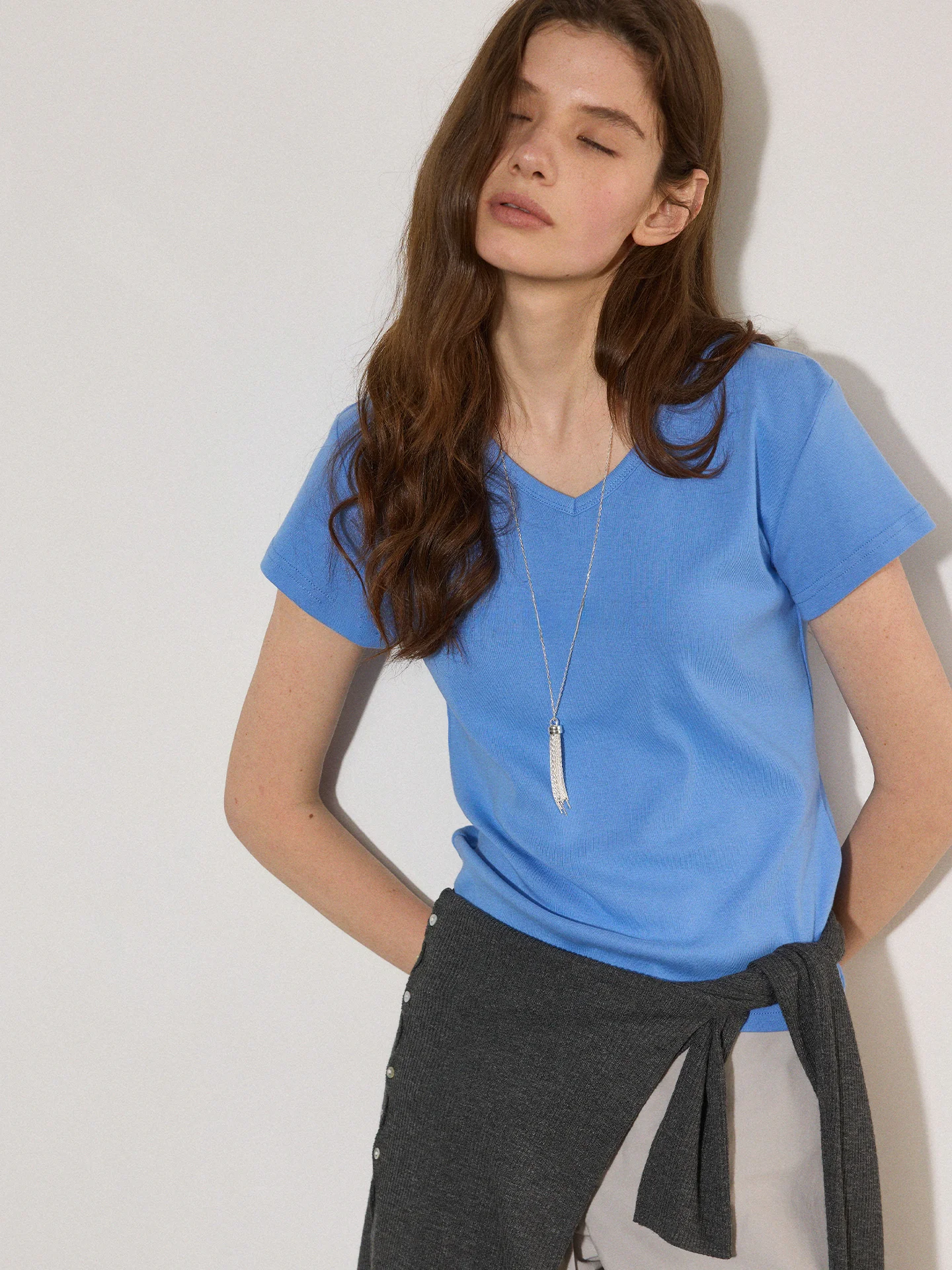 

Lofi Choose Summer New Style Pure Cotton Casual V-neck Short Sleeve T-shirt Women's Fashionable Shoulder Line Basic Top