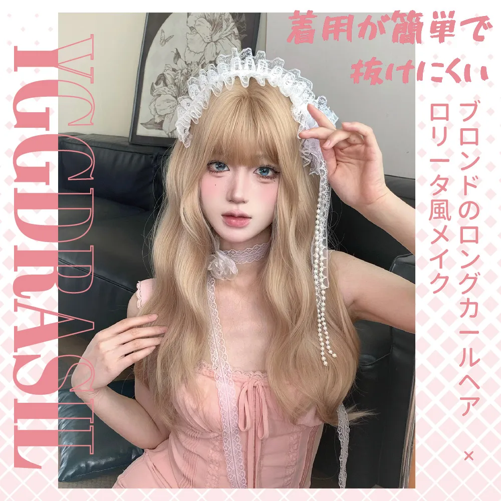 26 Polegada loira lolita estilo perucas sintéticas com franja longo ondulado peruca de cabelo para uso diário feminino cosplay drag queen resistente ao calor