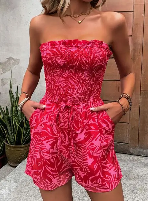 New Vacation Jumpsuit Shorts with Summer Drawstring Print and Sleeveless Strapless Jumpsuit
