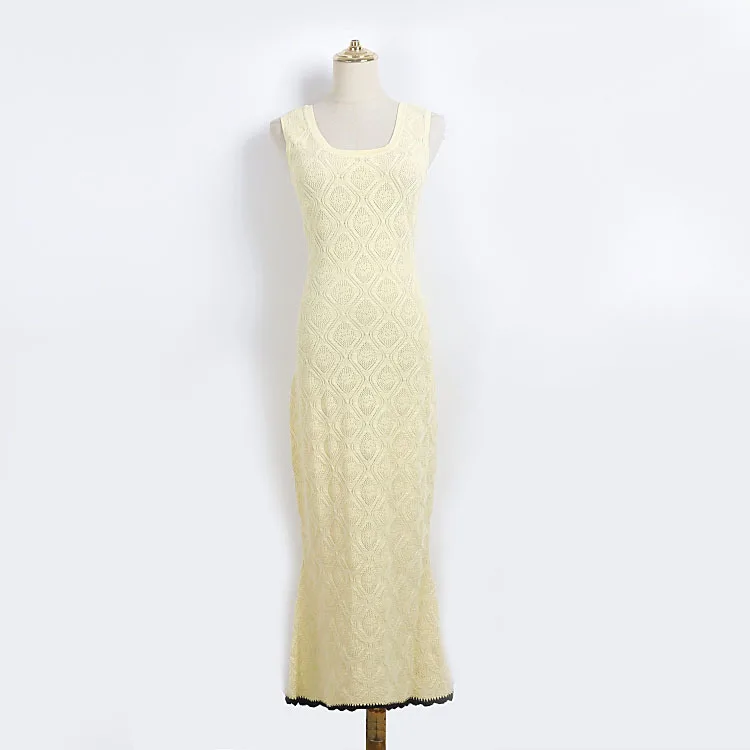 

French Vintage Yellow Hollow Out Maxi Dress Women Elegant Scalloped Trim Sleeveless Mermaid Bodycon 2026 Summer Chic Vestidos