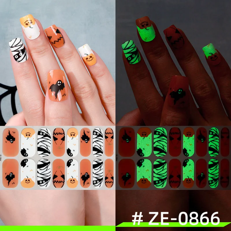 New Halloween Luminous Nail Oil Film Sticker Spider Pumpkin Ghosts Nail Decals Decorations Full Cover Adhesive Press On Nails