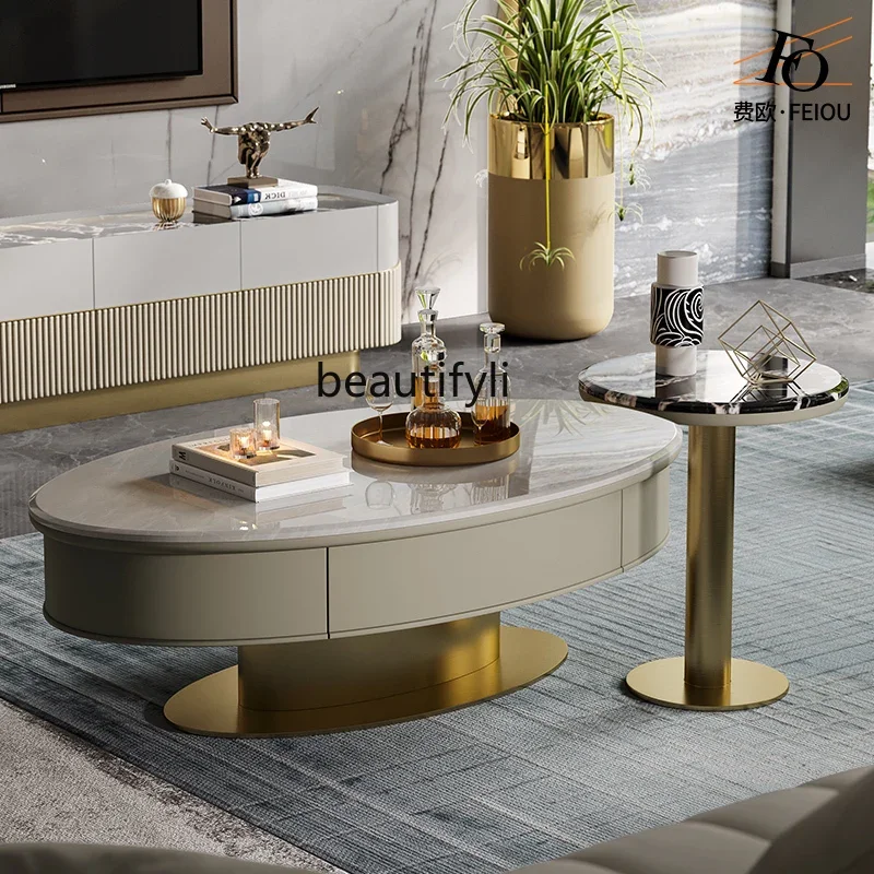 

Light luxury coffee table model room, senior designer fashion marble oval tea machine TV cabinet combinationAA