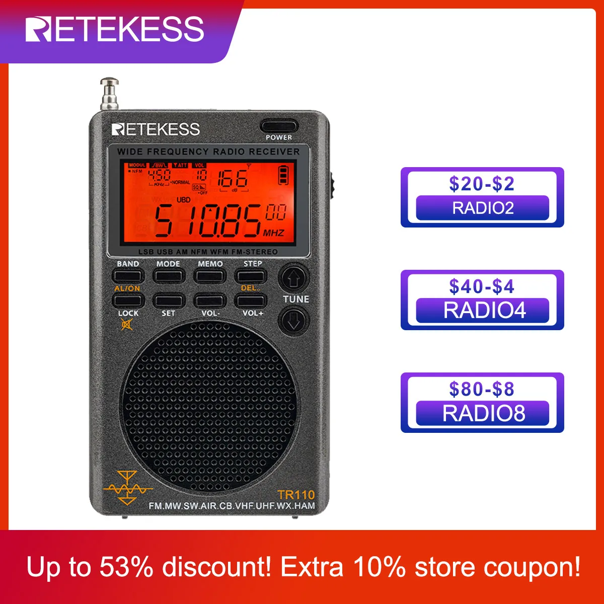 

Retekess TR110 Radio FM Receiver Portable SSB Shortwave Radios AM FM All Waves Band CB AIR Band Ham Radio SW MW LSB VHF UHF NOAA