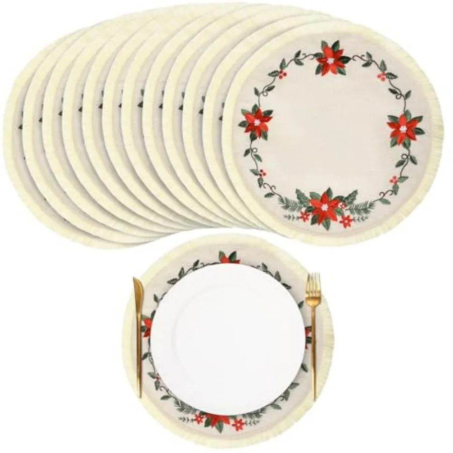 

12 Pcs Round Christmas Placemats 15 inch Embroidered Poinsettia Flower Faux Burlap Fabric Placemats with Tassels for Dinner Tab