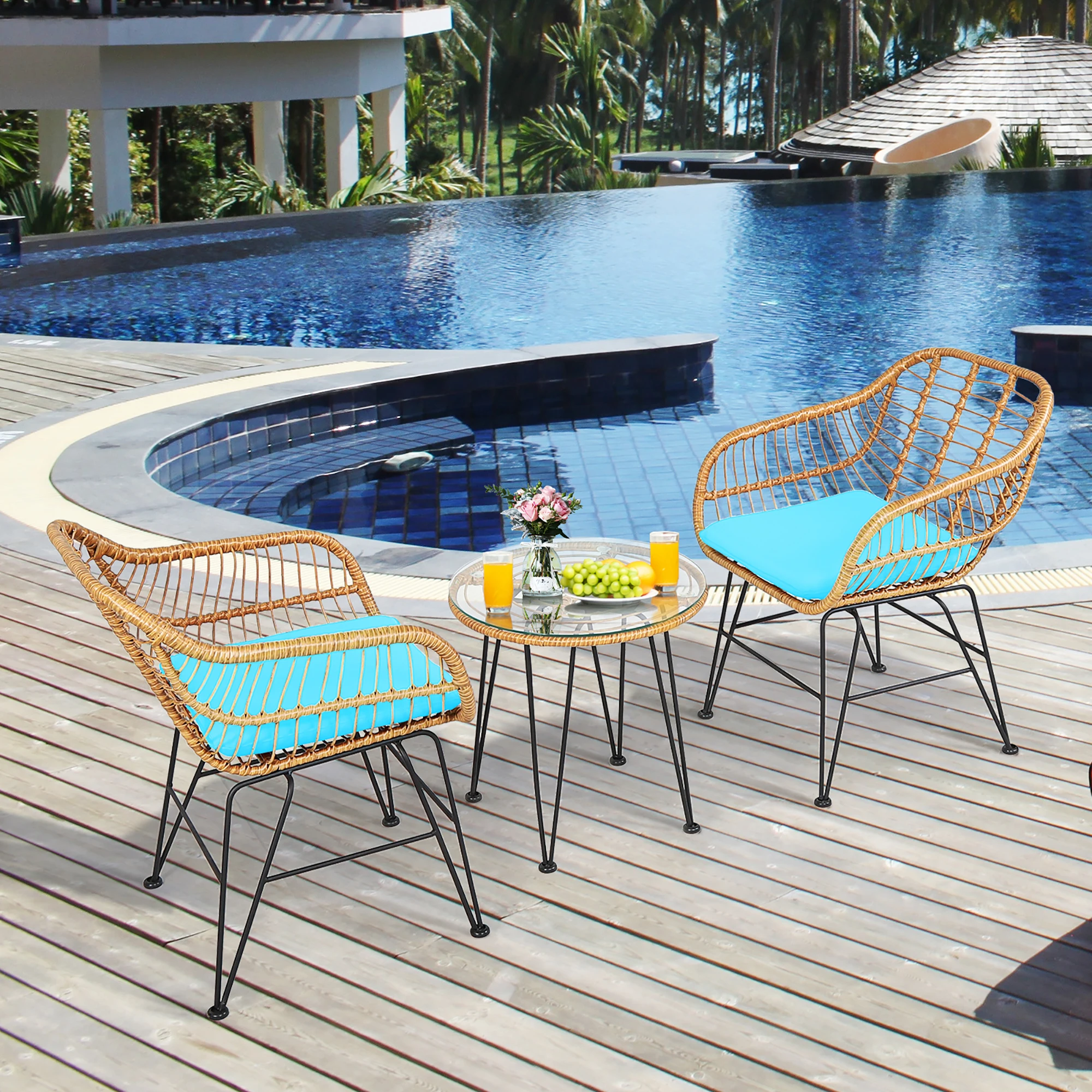 Ensemble de meubles de bistrot en rotin, baume rembourré, chaise, table, turquoise, 3 pièces