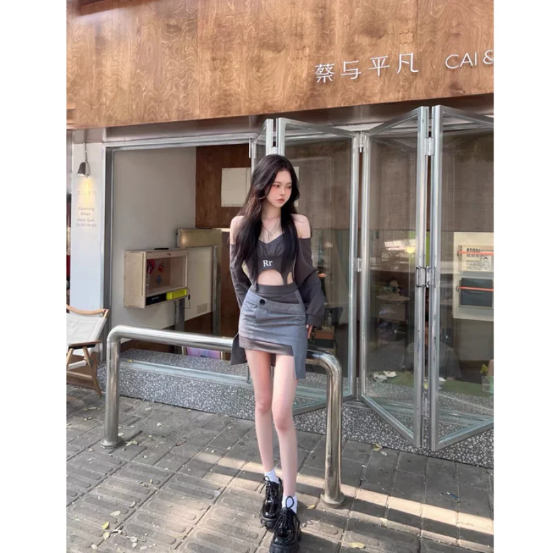 Hikigawa Chic Fashion Women Streetwear Y2k Sexy Halter Off Shoulder Crop Top+High Waist Asymmetric Mini Skirts 2 Set Mujer