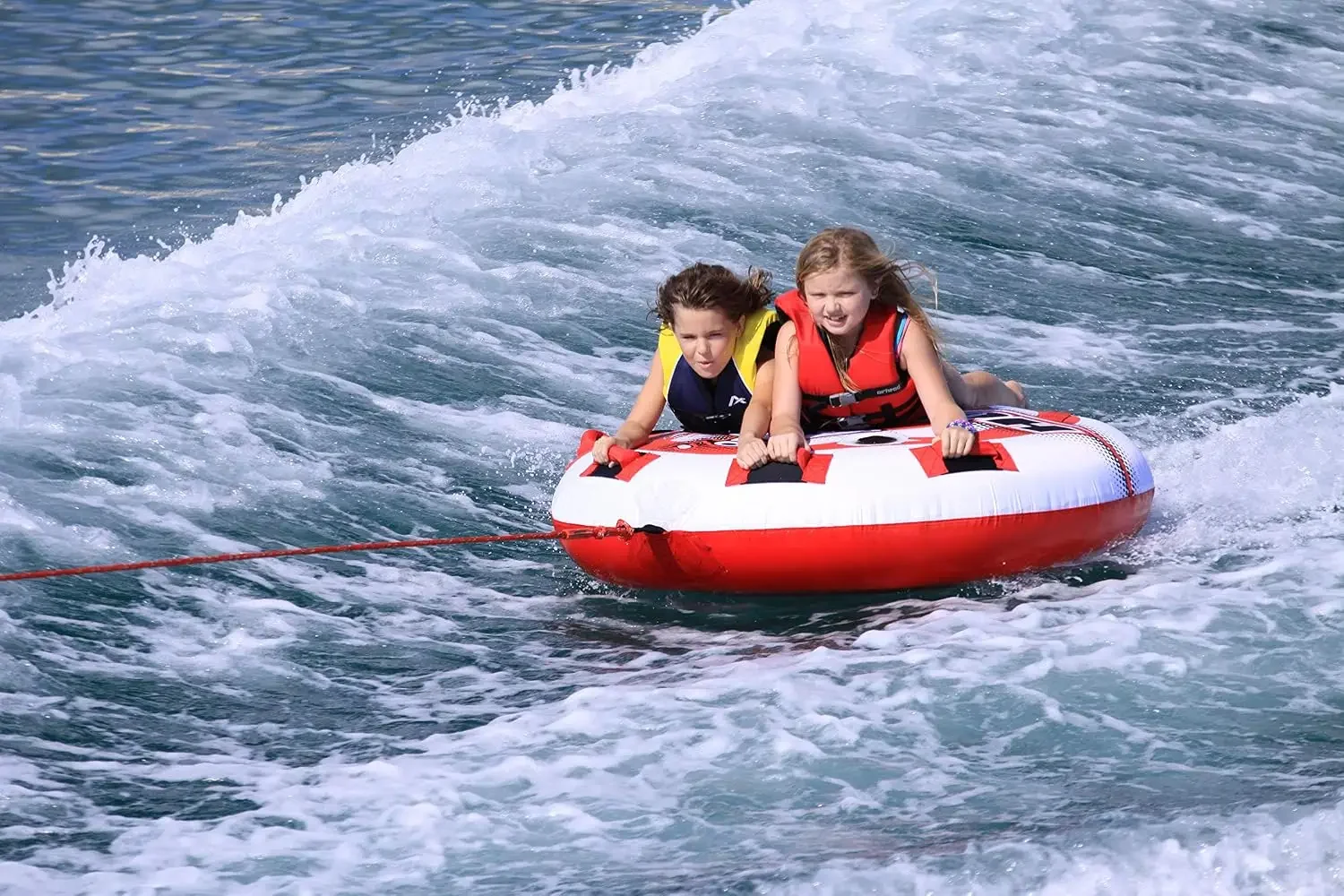 USA StockHot Shot Towable Tube for Boating, 1 - 2 Rider Inflatable Boat Tube for Water Tubing, Round Deck for Air Time, Full Nyl