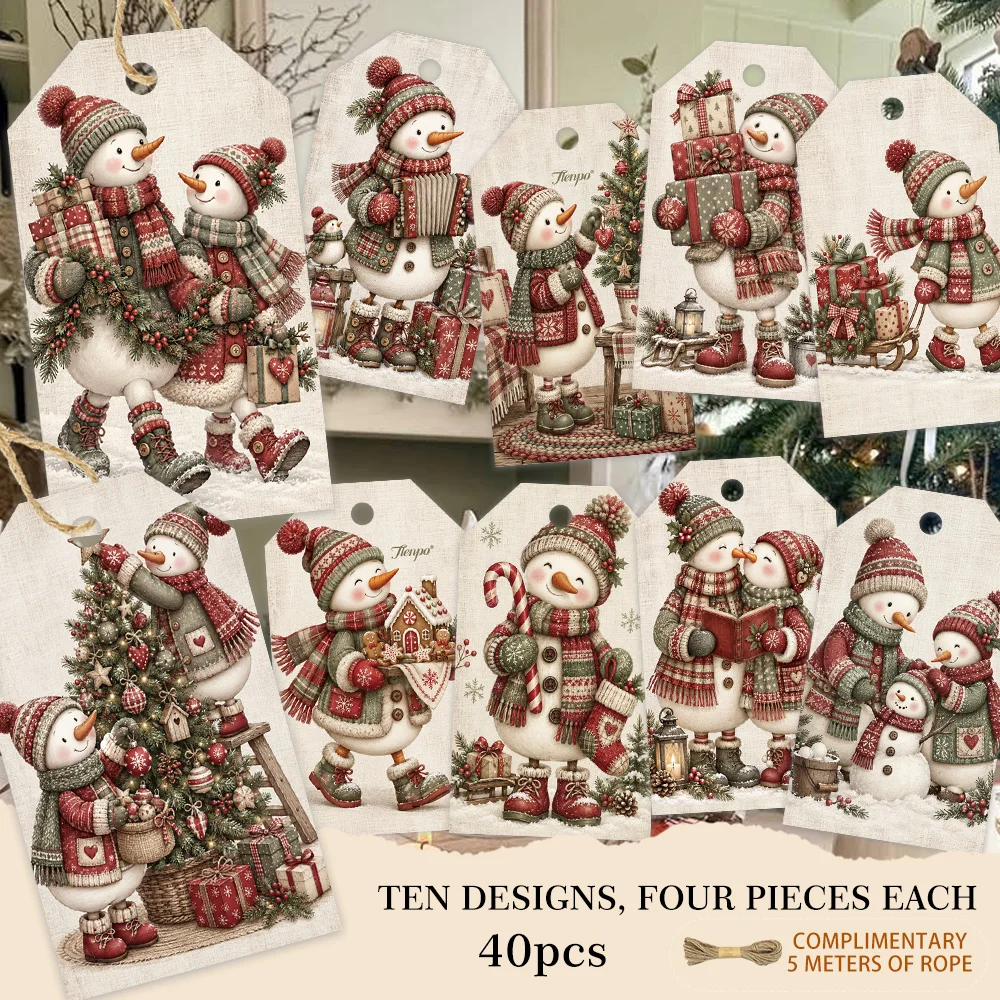 40pcs, Gift Tags, Vintage Plaid Penguin Xmas, Hanging Paper Labels for Gift Wrapping, Holiday Party Decor with String